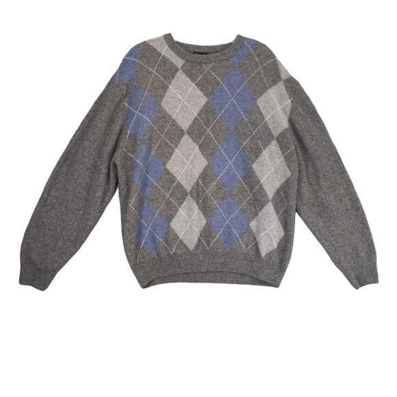 Jos A Bank Men's XL Gray Argyle Sweater, Lambs Wool Crew Neck Pullover Preppy - Picture 1 of 5
